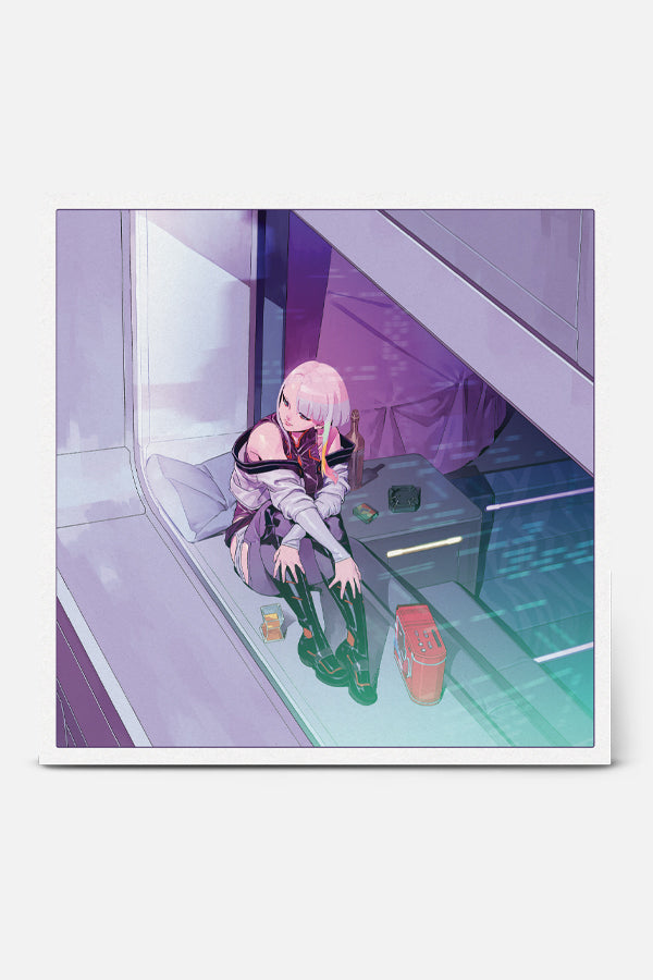 Front side of the LP cover featuring Lucy from Cyberpunk Edgerunners, seated by a window and gazing outside. The image has a white frame.