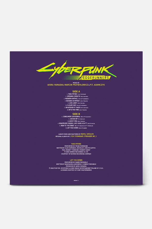 This picture displays the backside of the vinyl cover, featuring a prominent yellow Cyberpunk: Edgerunners logo with a tracklist beneath