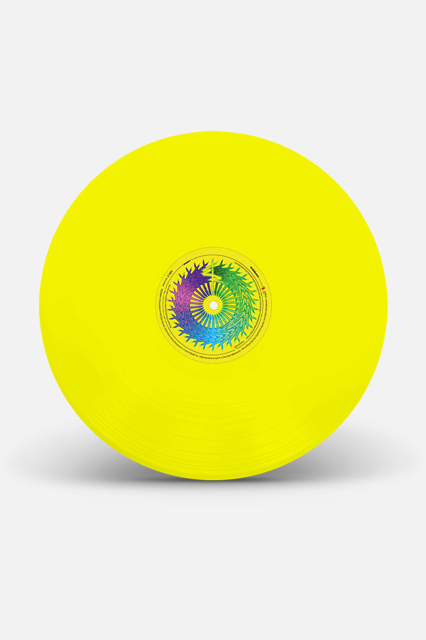 A vibrant yellow vinyl LP featuring the Cyberpunk: Edgerunners logo prominently centered around the spindle hole.