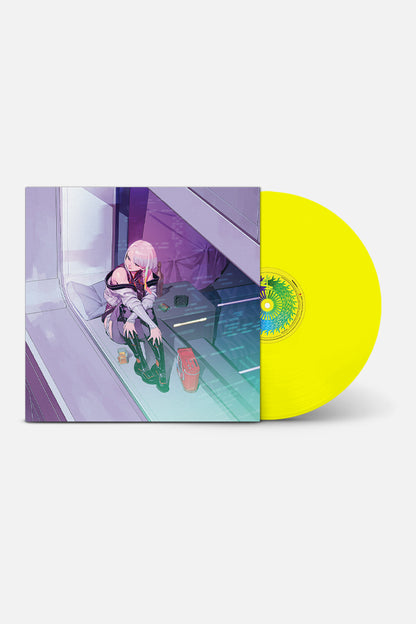 Front side of the LP cover featuring Lucy from Cyberpunk Edgerunners, seated by a window and gazing outside. The yellow colored vinyl LP peeking out to the right. The Cyberpunk: Edgerunners Logo is printed around the spindle hole