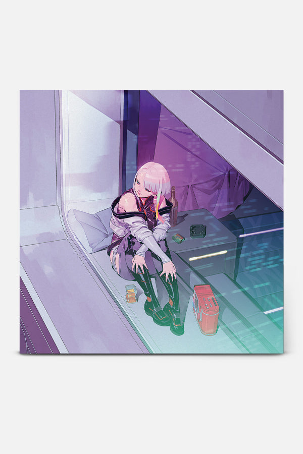 Front side of the LP cover featuring Lucy from Cyberpunk Edgerunners, seated by a window and gazing outside.