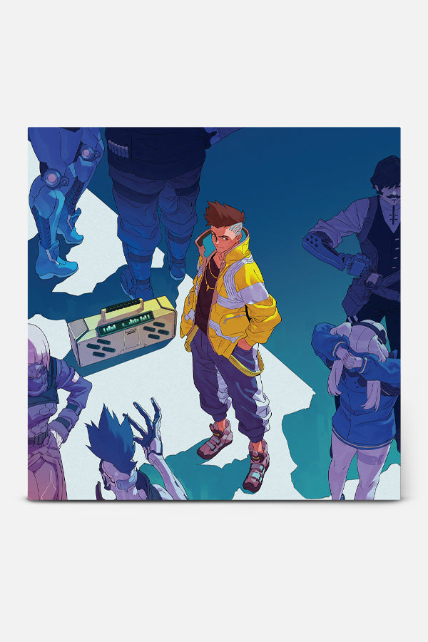 LP cover featuring David from Cyberpunk: Edgerunners standing in the center amidst his team of Edgerunners, accompanied by a boombox. The color is saturated in the center, gradually fading to blue tones as it reaches the frame