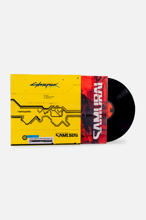 Cover of the Cyberpunk 2077 Soundtrack Vinyl in circuit board style, revealing the SAMURAI-styled inlay and the LP