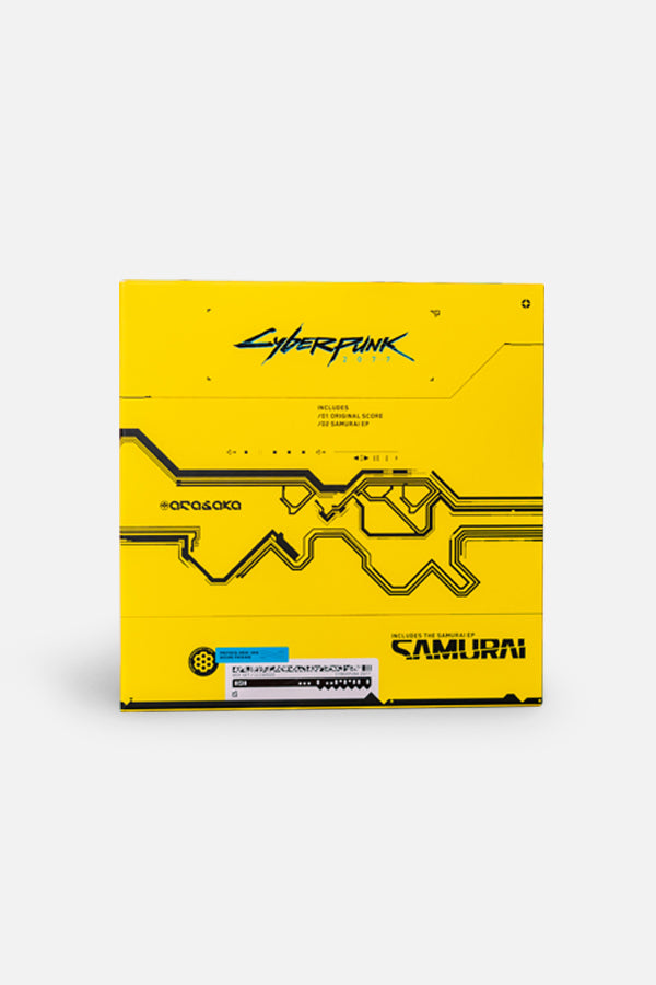 Image of the Cyberpunk 2077 Vinyl Soundtrack. Yellow and black circuit board-style cover featuring the tracklist, game logo, and SAMURAI cover art