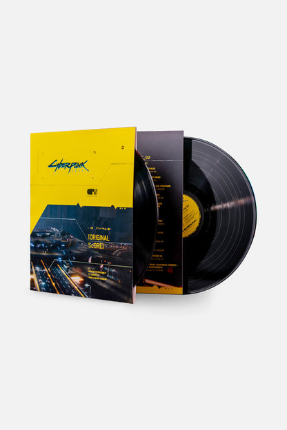 One Cyberpunk 2077 Vinyl Soundtrack cover fanned, revealing 2 LPs and the tracklist. On the front, Night City-styled artwork is visible