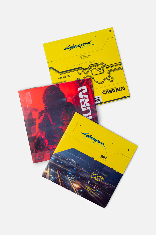 3 LP Set of the Cyberpunk 2077 soundtrack with 3 different cover artworks. LP1: Circuit board design. LP2: Johnny Silverhand's back. LP3: Night City streets in iconic yellow and black colors